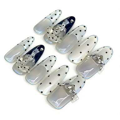 Milky White with Black Dots & Charms Press-On Nails