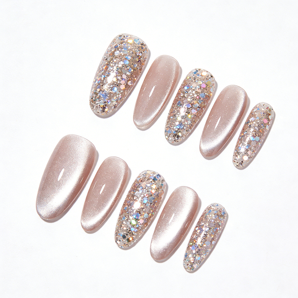 Nude & Iridescent Glitter Press-On Nails