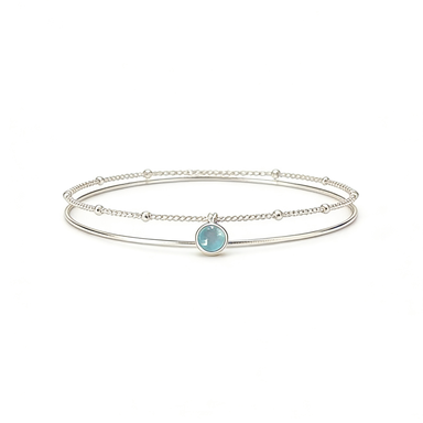 Silver Double Bangle with Aquamarine Accent