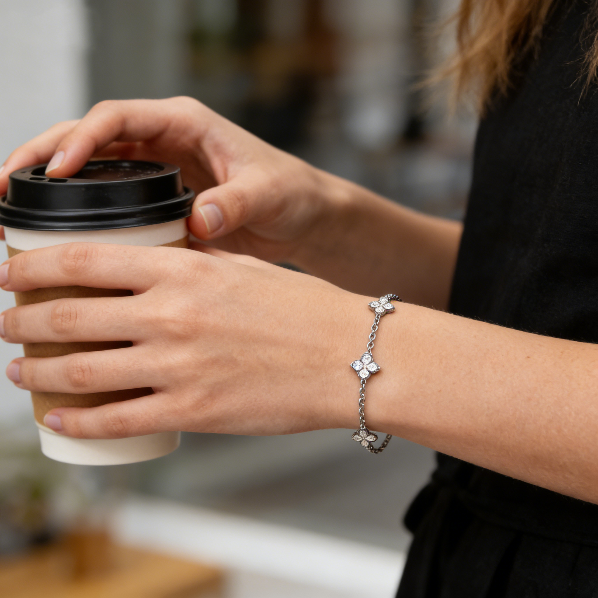 Silver CZ Clover Station Bracelet