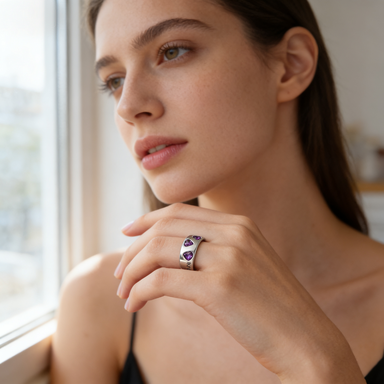 Silver Heart-Shaped Purple Gem Ring
