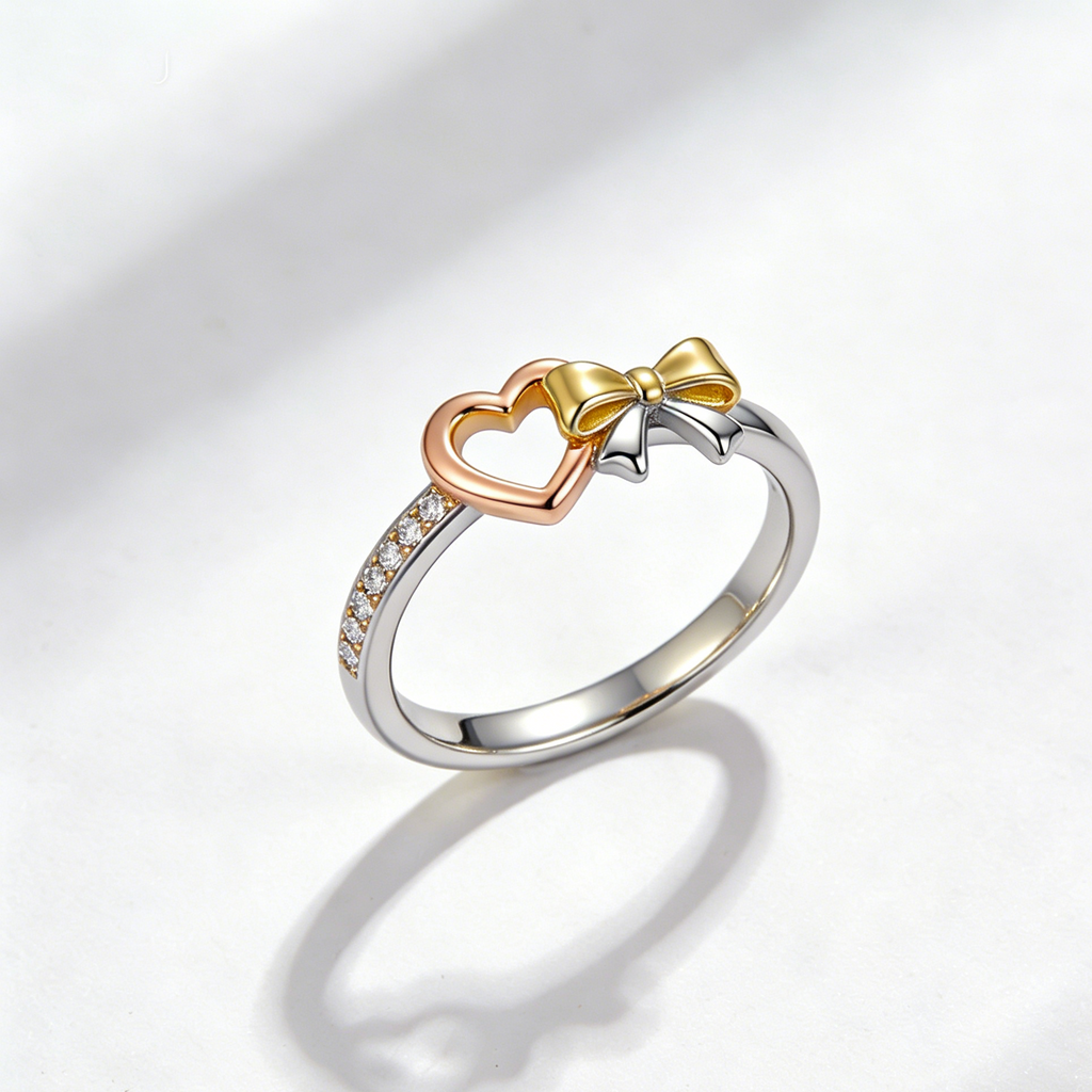 Two-Tone Heart & Bow CZ Ring
