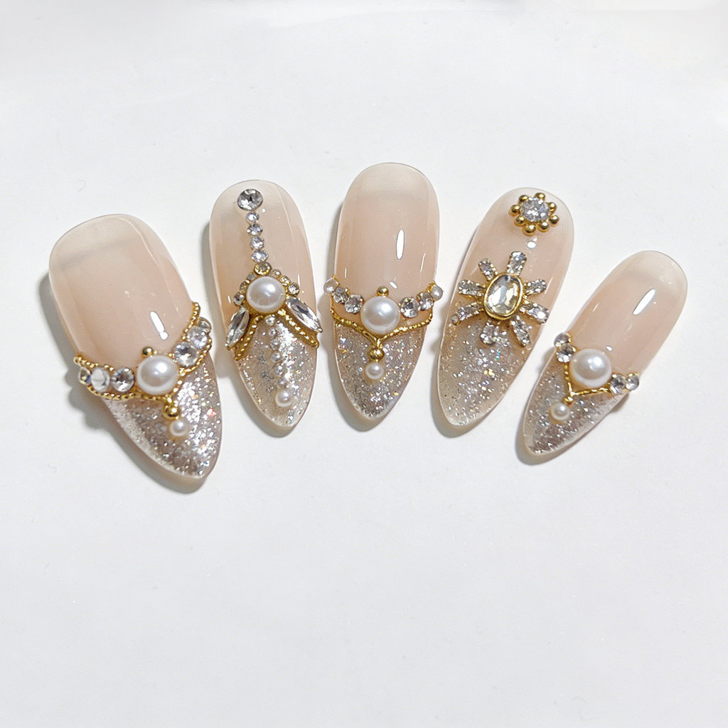Nude with Gold, Pearl & Crystal Accents Press-On Nails