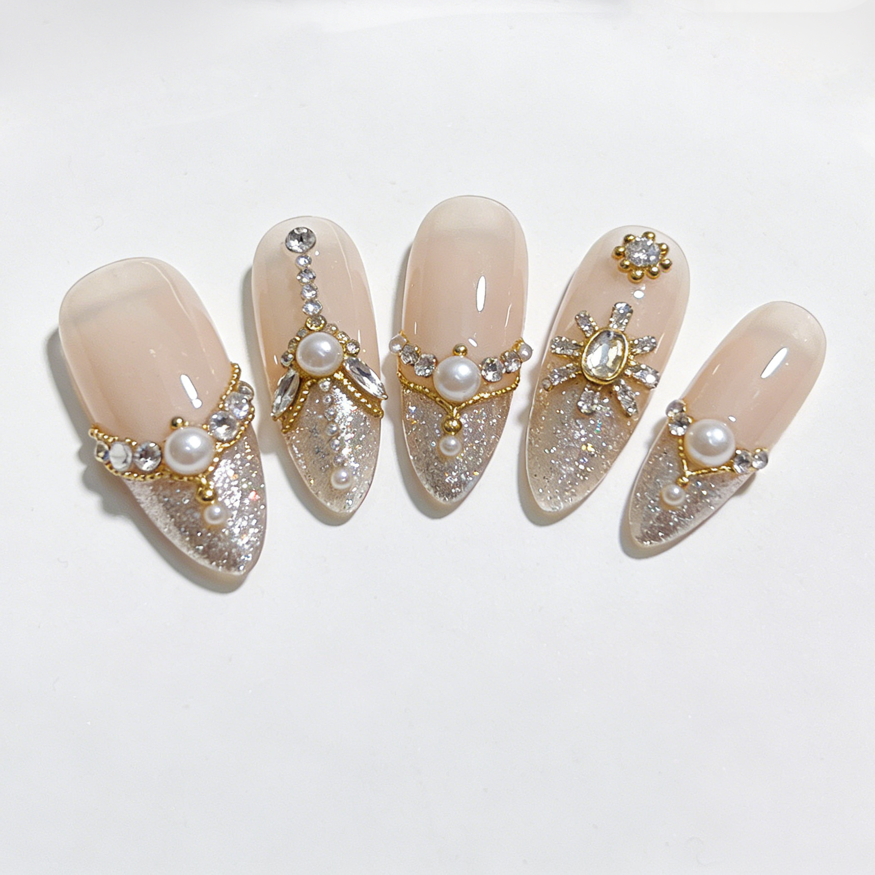 Nude with Gold, Pearl & Crystal Accents Press-On Nails