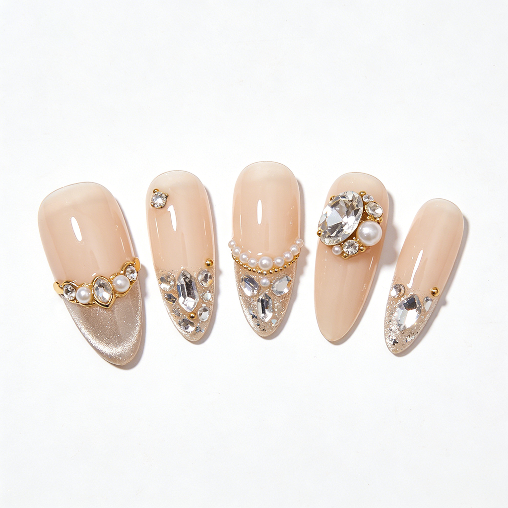 Nude with Gold & Pearl Accents Press-On Nails