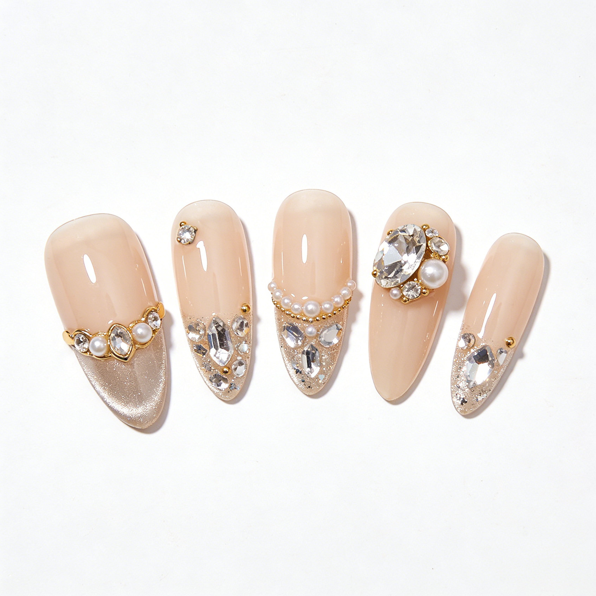 Nude with Gold & Pearl Accents Press-On Nails