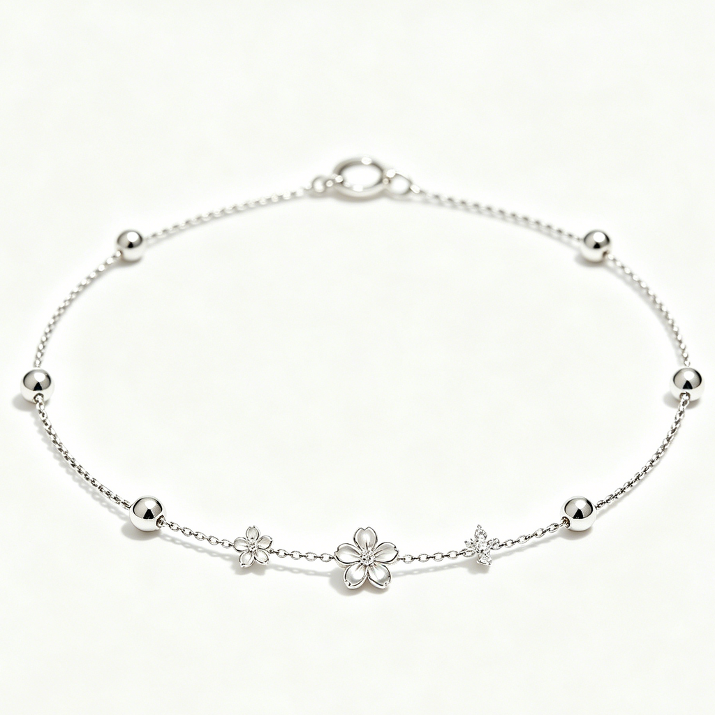Dainty Silver Flower Diamond Bead Bracelet
