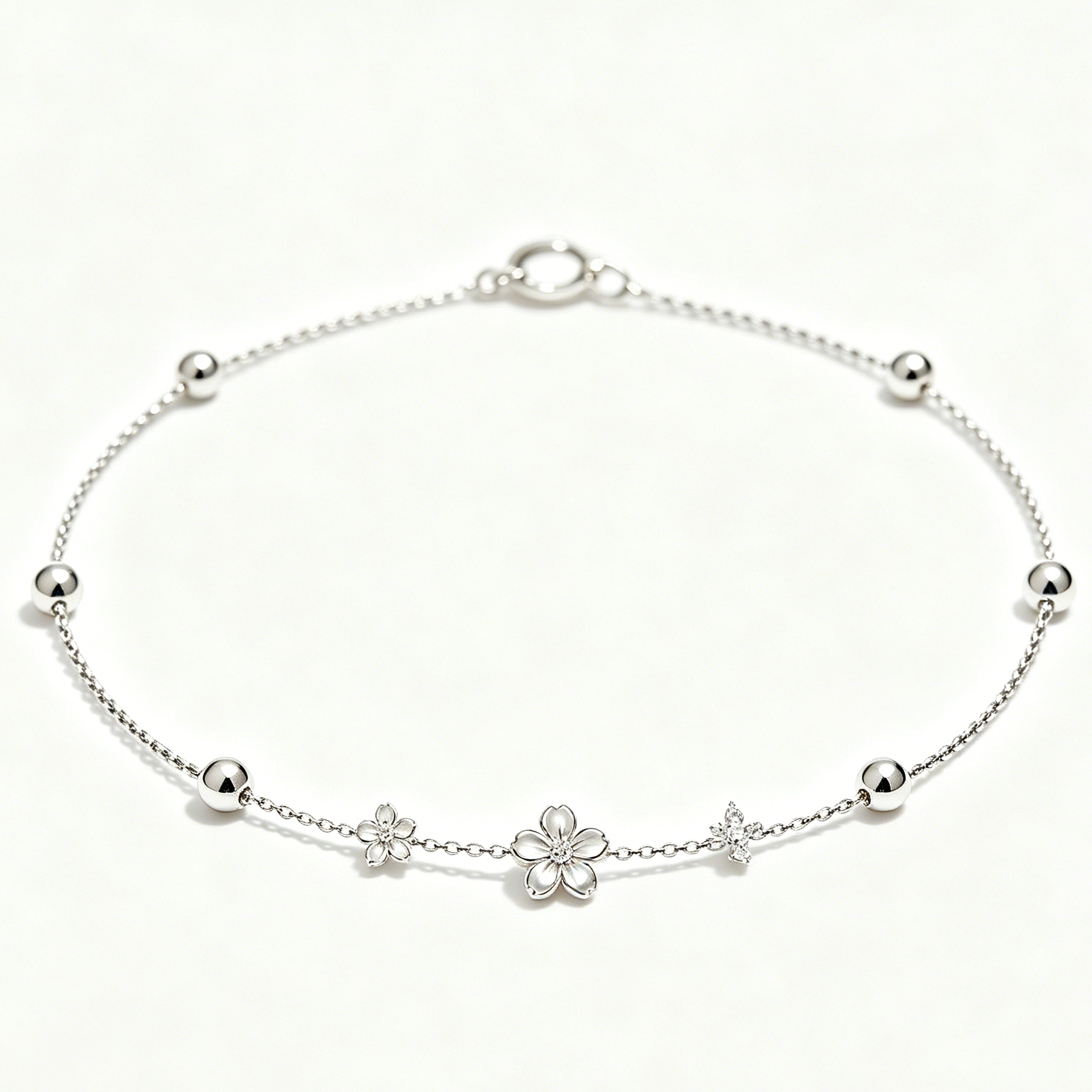 Dainty Silver Flower Diamond Bead Bracelet