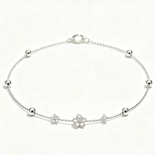 Dainty Silver Flower Diamond Bead Bracelet