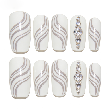 White & Silver Swirl with Rhinestones Press-On Nails