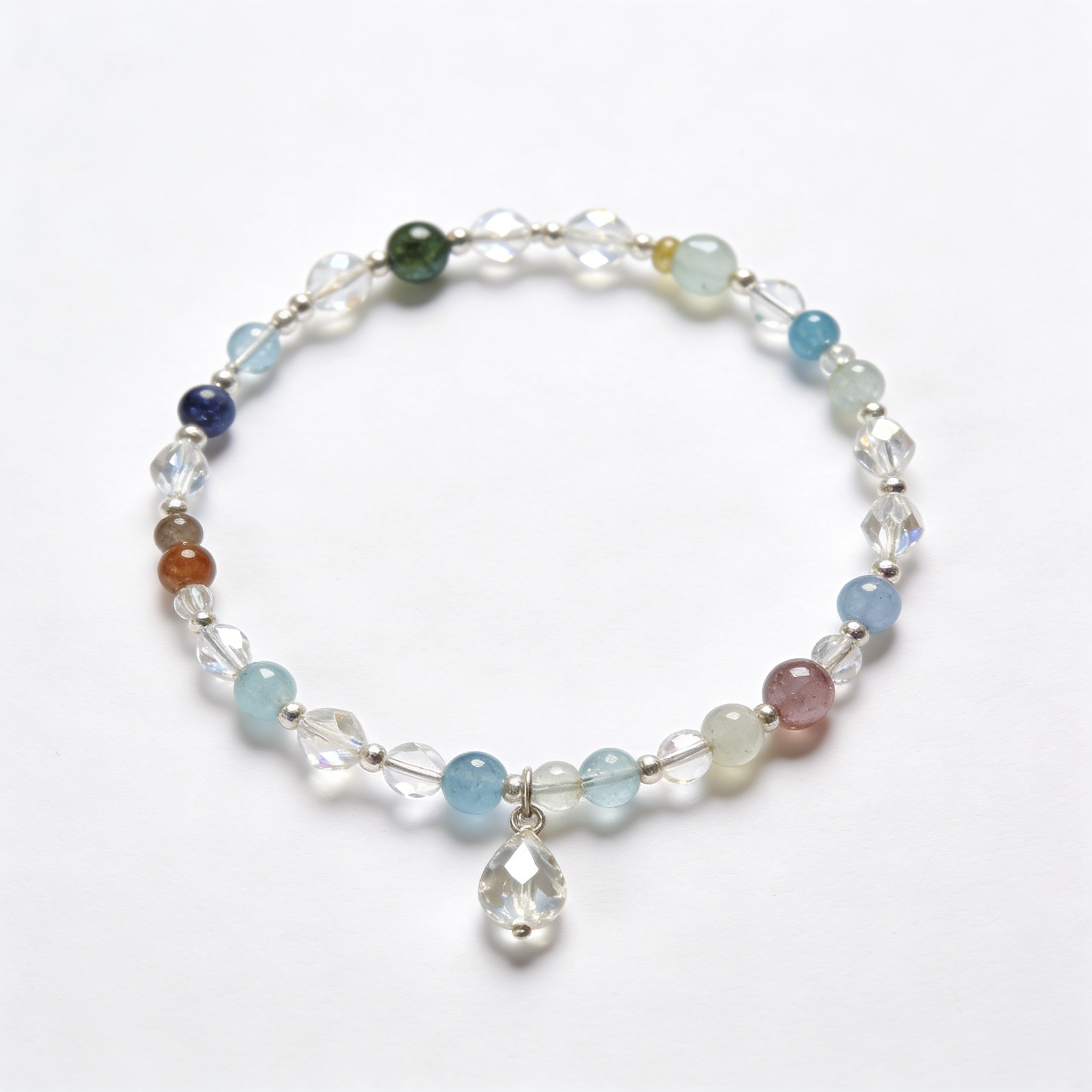 Fluorite & Crystal Charm Stretch Beaded Bracelet