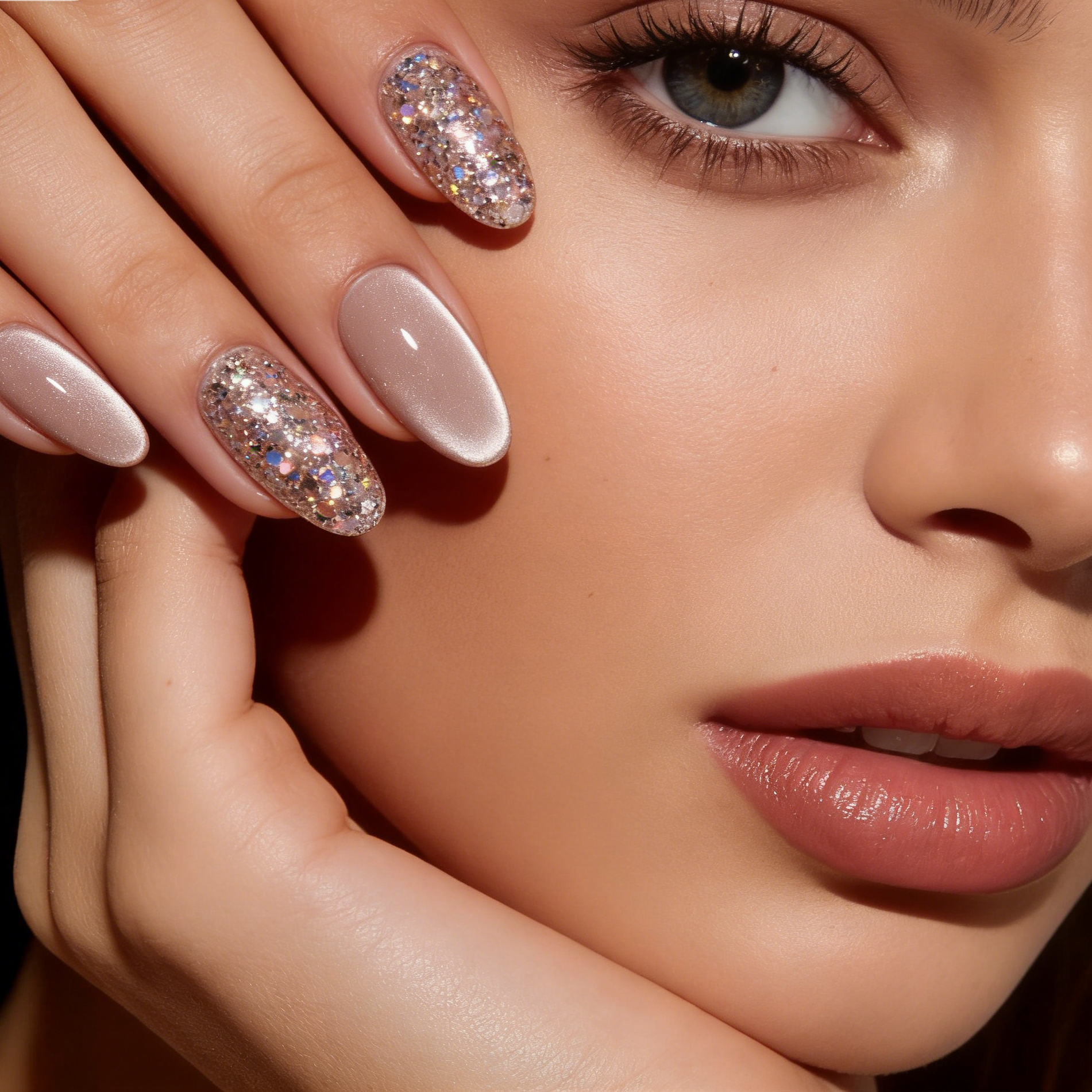 Nude & Iridescent Glitter Press-On Nails