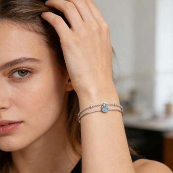 Silver Double Bangle with Aquamarine Accent