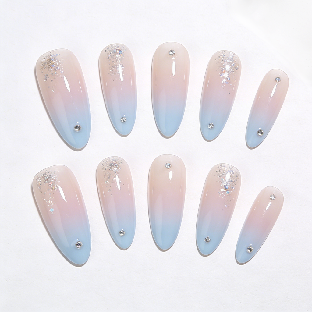 Pink & Blue Ombre with Rhinestones Press-On Nails