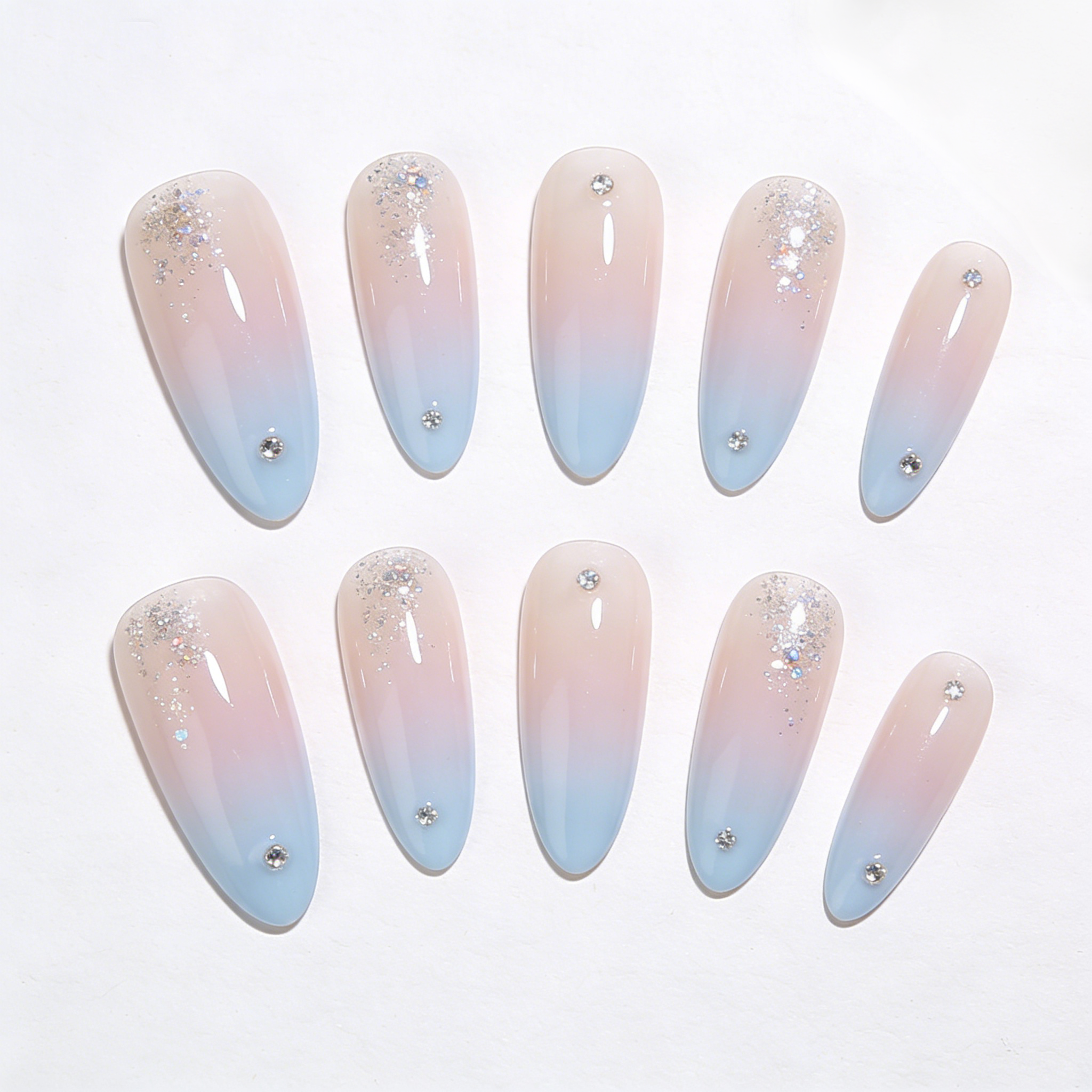 Pink & Blue Ombre with Rhinestones Press-On Nails