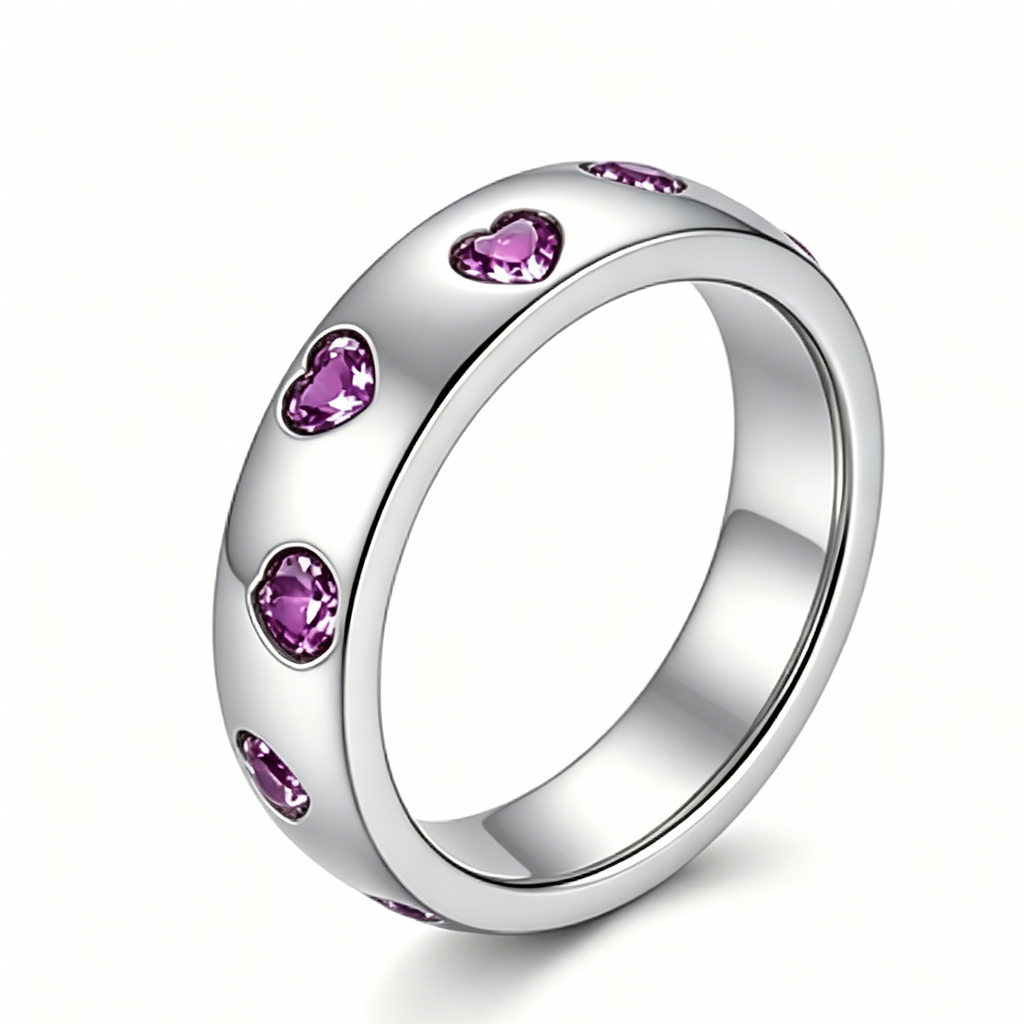 Silver Heart-Shaped Purple Gem Ring