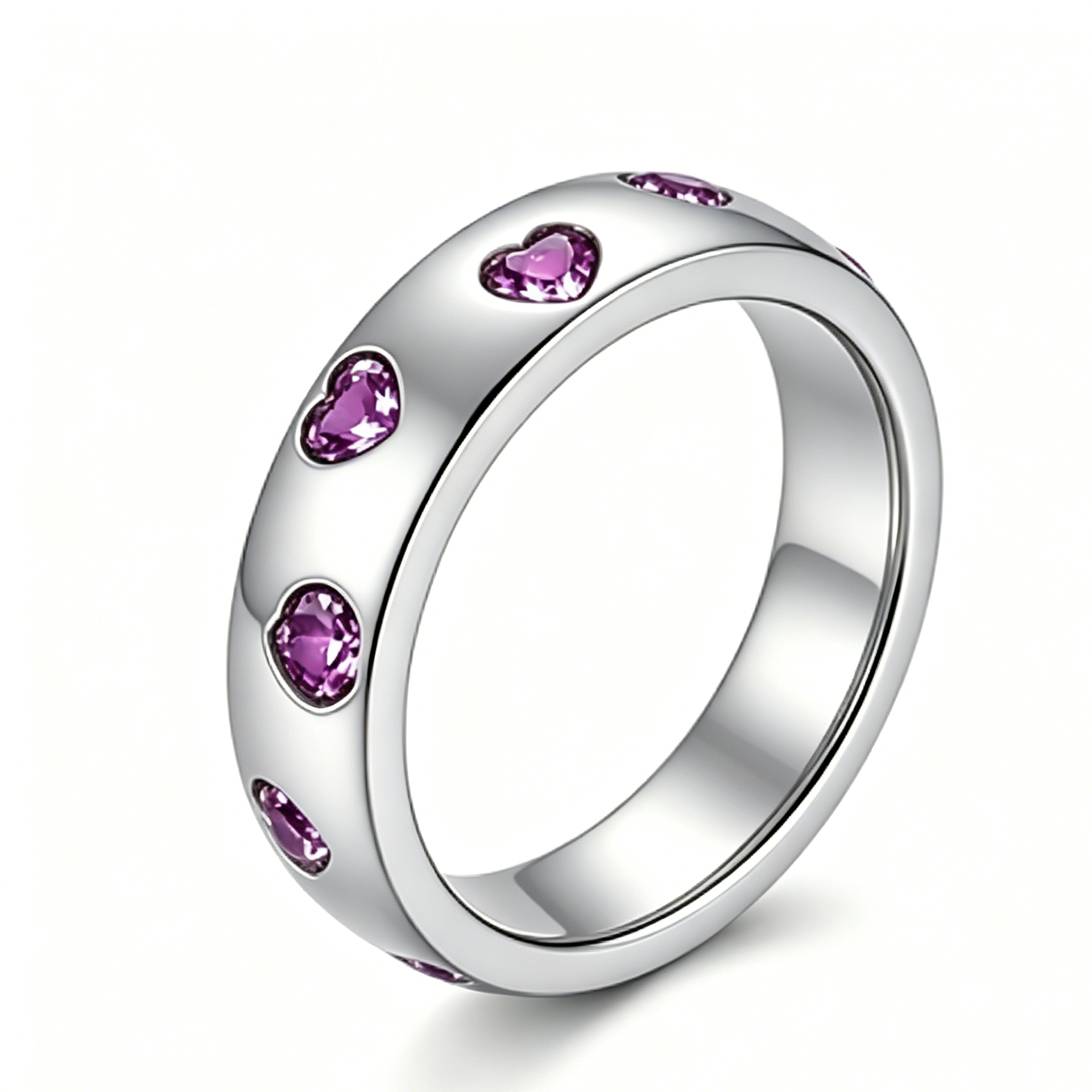 Silver Heart-Shaped Purple Gem Ring