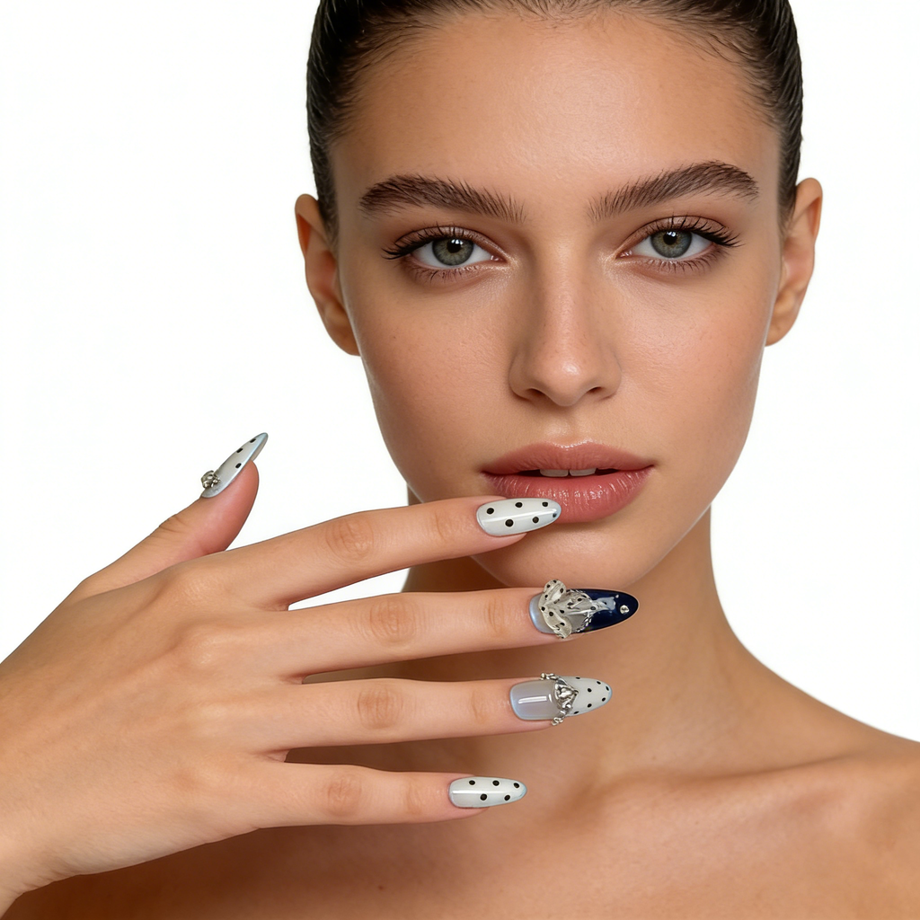 Milky White with Black Dots & Charms Press-On Nails