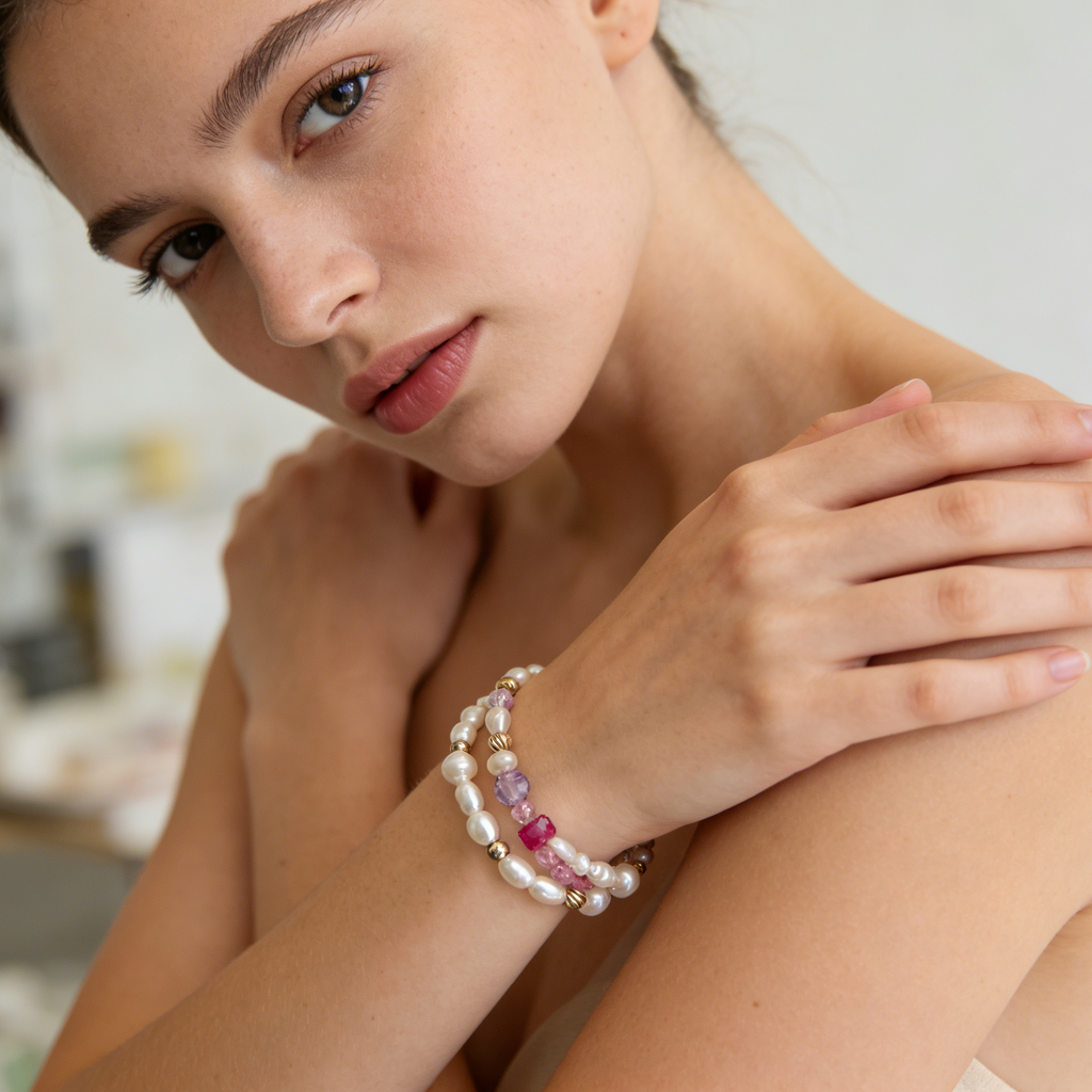 Pearl & Pink Gemstone Multi-Strand Bracelet