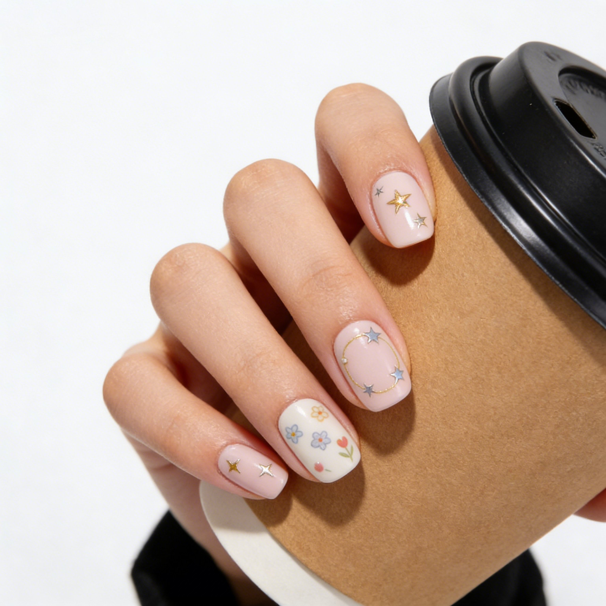 Pink & Gold Star & Floral Press-On Nails