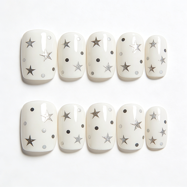 White with Silver Stars & Dots Press-On Nails
