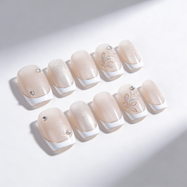 Nude French Tip with Gold Leaves Press-On Nails