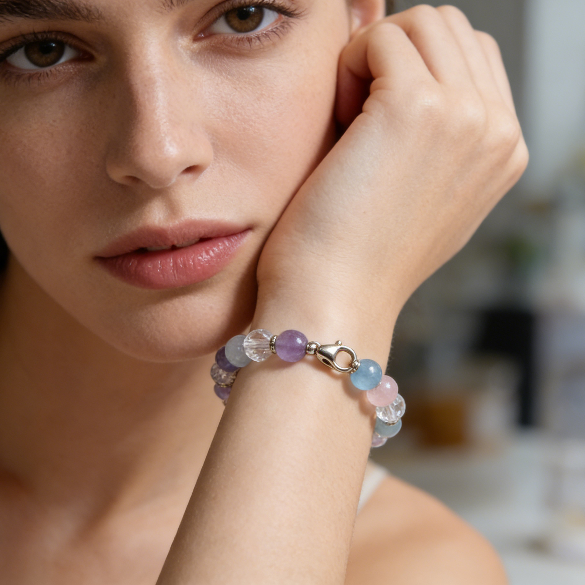 Mixed Fluorite & Crystal Beaded Bracelet with Clasp