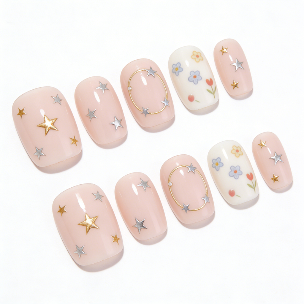 Pink & Gold Star & Floral Press-On Nails