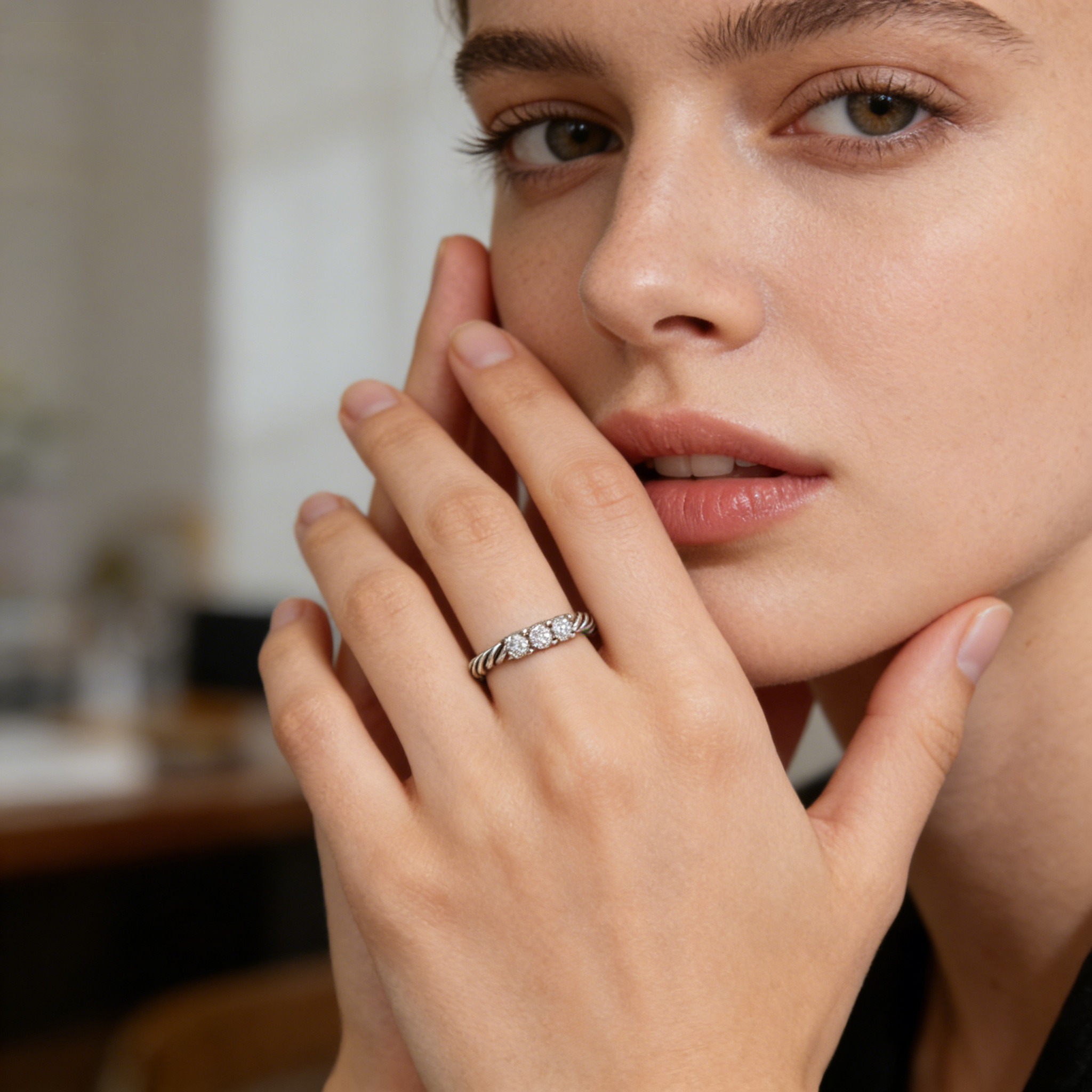 Silver Twisted Band with CZ Accent Ring
