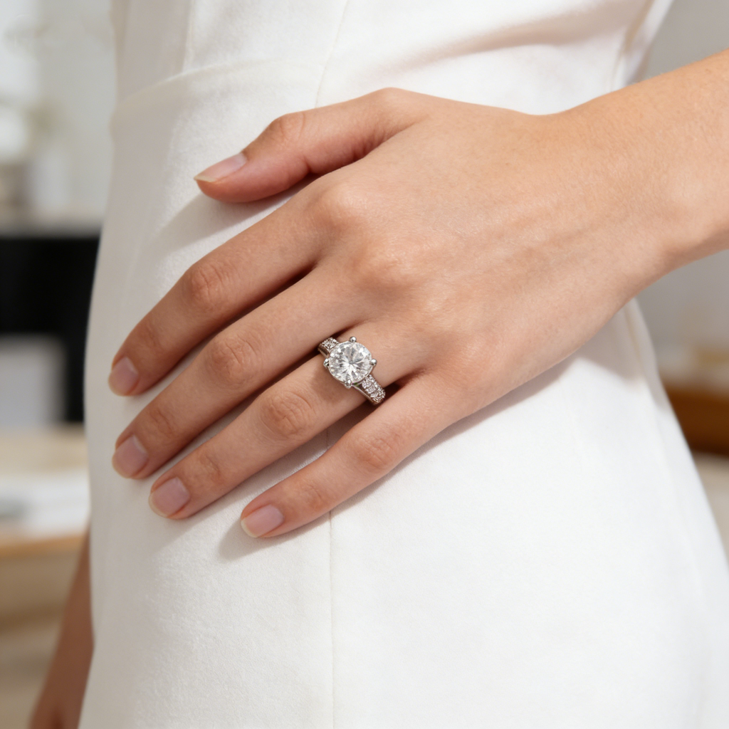 Silver Solitaire with Side Stones CZ Ring