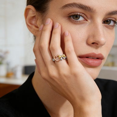 Two-Tone Heart & Bow CZ Ring