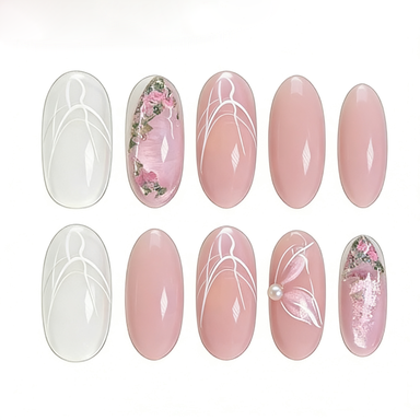 Pink Floral & White Swirl Press-On Nails